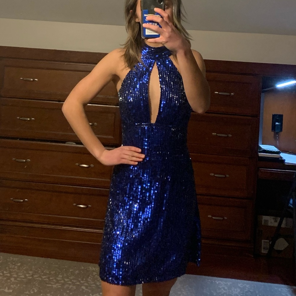 Sherri Hill Blue Sequined Homecoming Dress